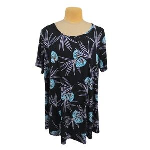 MONNURO Tunic Top Womens 5X Black Blue Floral Tropical Short Sleeve Stretch Plus